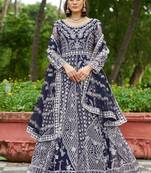 navy blue net thread embroidery zari embroidery butti work semi stitched suit