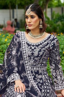 navy blue net thread embroidery zari embroidery butti work semi stitched suit 2