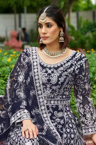 navy blue net thread embroidery zari embroidery butti work semi stitched suit