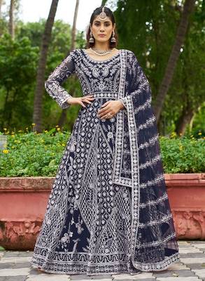 navy blue net thread embroidery zari embroidery butti work semi stitched suit 3