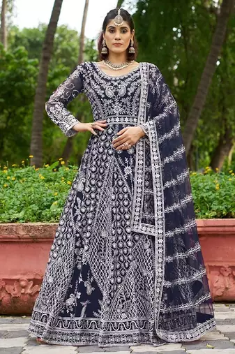 navy blue net thread embroidery zari embroidery butti work semi stitched suit