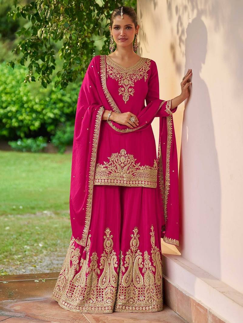rani pink chiffon embroidered & sequined semi stitched suit