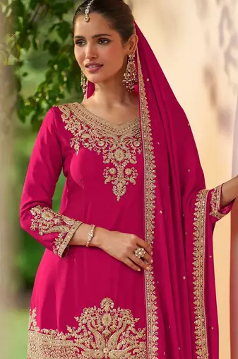 rani pink chiffon embroidered & sequined semi stitched suit