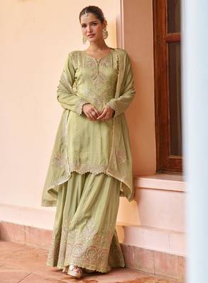 sea green chiffon embroidered & sequined semi stitched suit 1