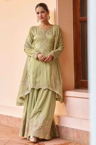 sea green chiffon embroidered & sequined semi stitched suit