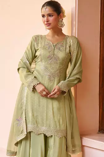 sea green chiffon embroidered & sequined semi stitched suit