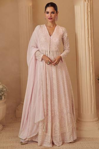 pink georgette lucknavi chikankari embroidered  beads  stone & sequined semi stitched suit