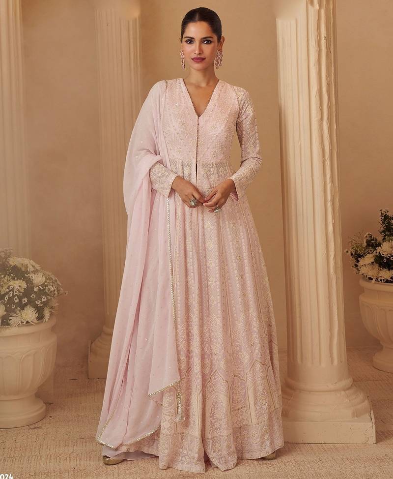 pink georgette lucknavi chikankari embroidered  beads  stone & sequined semi stitched suit