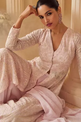 pink georgette lucknavi chikankari embroidered  beads  stone & sequined semi stitched suit