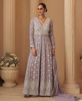 lavender georgette lucknavi chikankari embroidered  beads  stone & sequined semi stitched suit 1