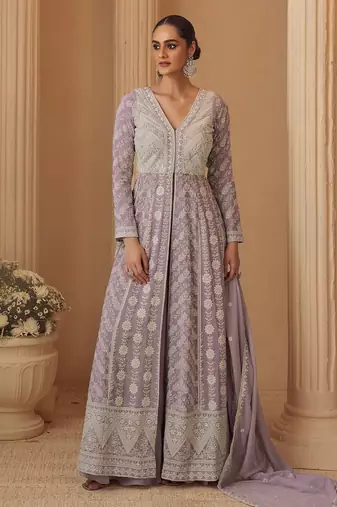 lavender georgette lucknavi chikankari embroidered  beads  stone & sequined semi stitched suit