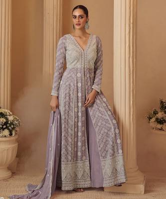lavender georgette lucknavi chikankari embroidered  beads  stone & sequined semi stitched suit 2