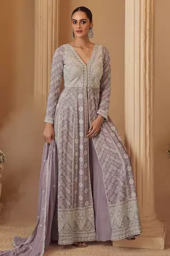 lavender georgette lucknavi chikankari embroidered  beads  stone & sequined semi stitched suit