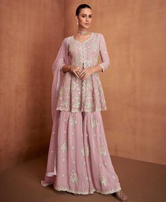 pink georgette embroidered  sequined  mirror & stone semi stitched suit 1