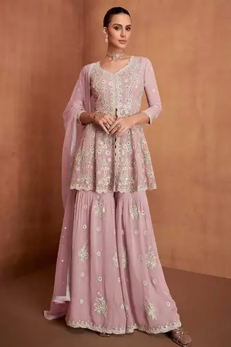 pink georgette embroidered  sequined  mirror & stone semi stitched suit