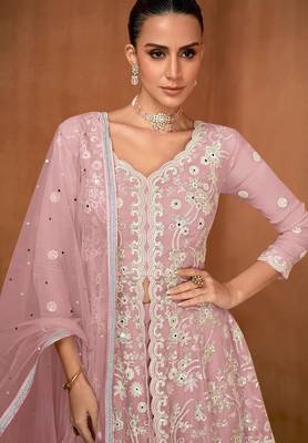 pink georgette embroidered  sequined  mirror & stone semi stitched suit 2