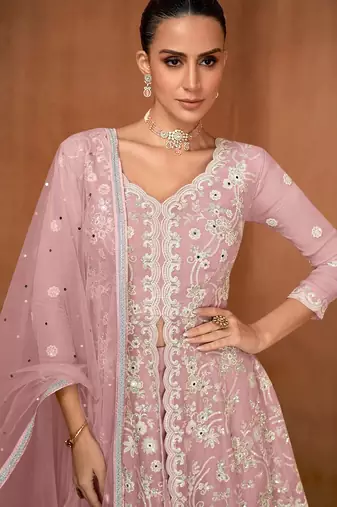 pink georgette embroidered  sequined  mirror & stone semi stitched suit