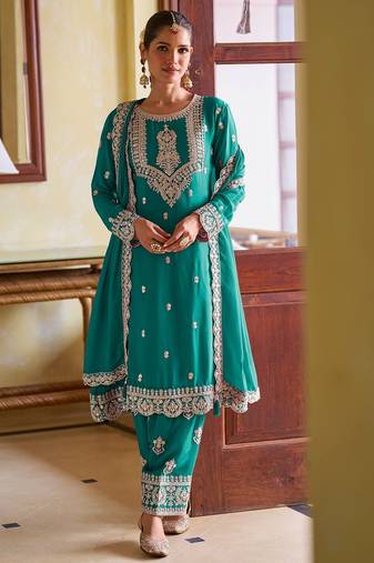 turquoise blue chiffon embroidered  stone & mirror work semi stitched suit