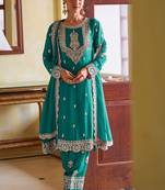 turquoise blue chiffon embroidered  stone & mirror work semi stitched suit