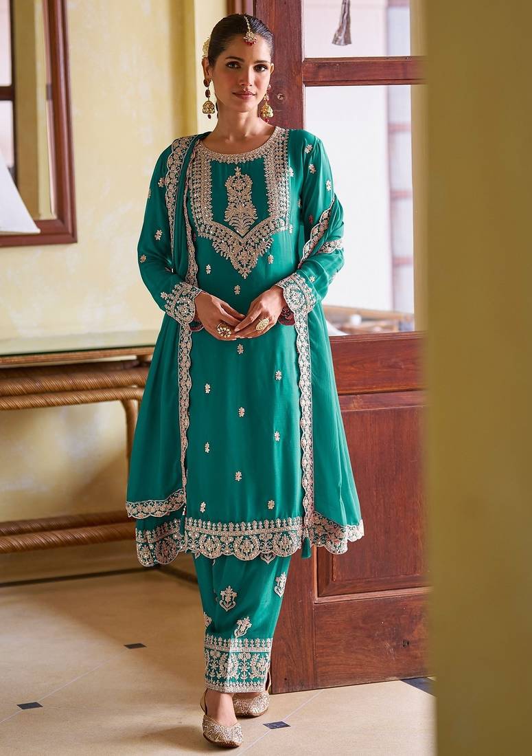 turquoise blue chiffon embroidered  stone & mirror work semi stitched suit