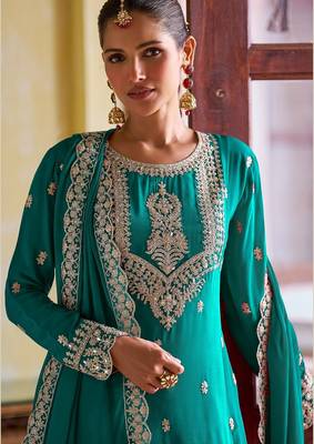 turquoise blue chiffon embroidered  stone & mirror work semi stitched suit 2