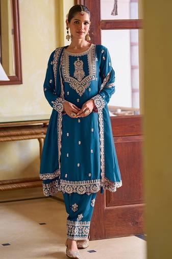 blue chiffon embroidered  stone & mirror work semi stitched suit