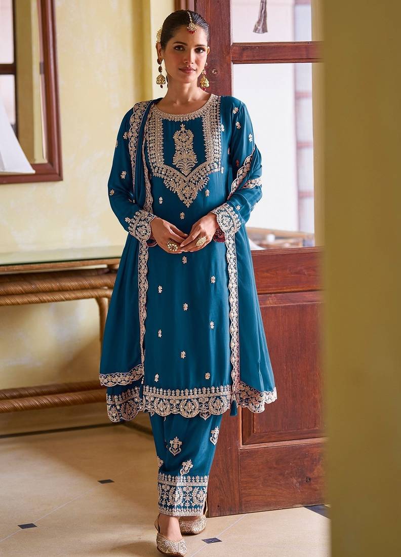 blue chiffon embroidered  stone & mirror work semi stitched suit