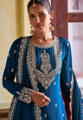 blue chiffon embroidered  stone & mirror work semi stitched suit 2
