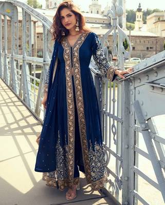 navy blue chiffon embroidered & sequined semi stitched suit 1