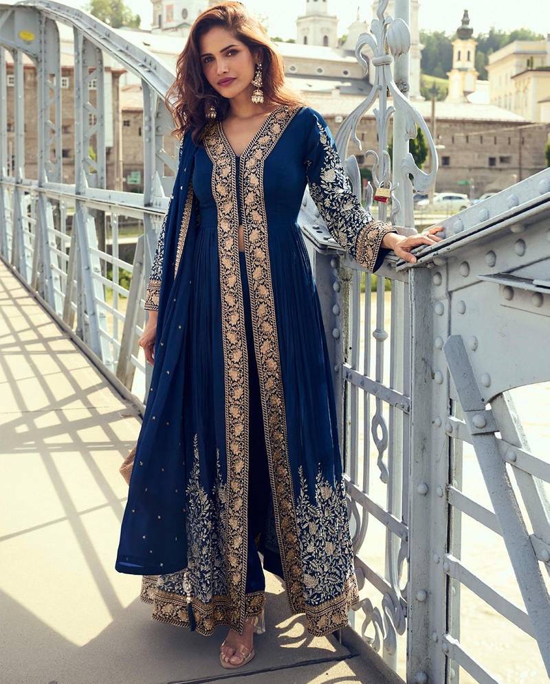 navy blue chiffon embroidered & sequined semi stitched suit