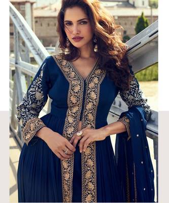 navy blue chiffon embroidered & sequined semi stitched suit 2