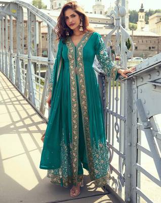 turquoise blue chiffon embroidered & sequined semi stitched suit 1