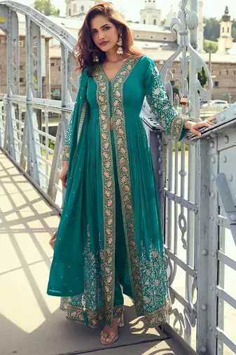turquoise blue chiffon embroidered & sequined semi stitched suit