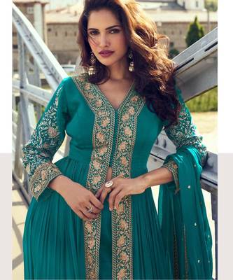 turquoise blue chiffon embroidered & sequined semi stitched suit 2