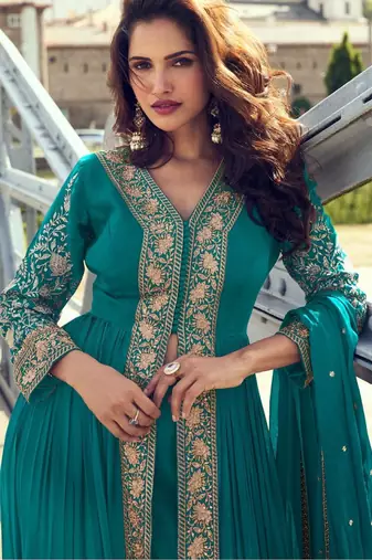 turquoise blue chiffon embroidered & sequined semi stitched suit