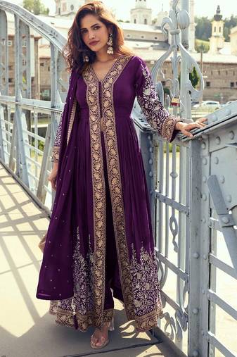 wine chiffon embroidered & sequined semi stitched suit