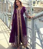 wine chiffon embroidered & sequined semi stitched suit