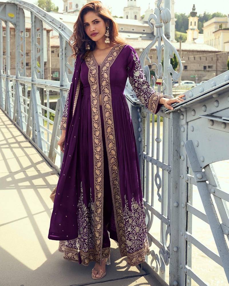 wine chiffon embroidered & sequined semi stitched suit
