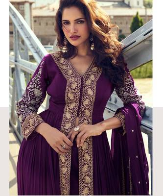 wine chiffon embroidered & sequined semi stitched suit 2