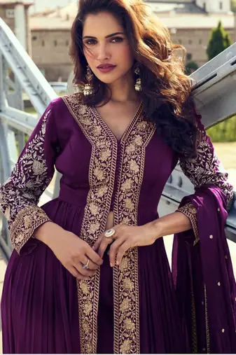 wine chiffon embroidered & sequined semi stitched suit