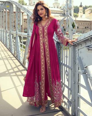 pink chiffon embroidered & sequined semi stitched suit 1