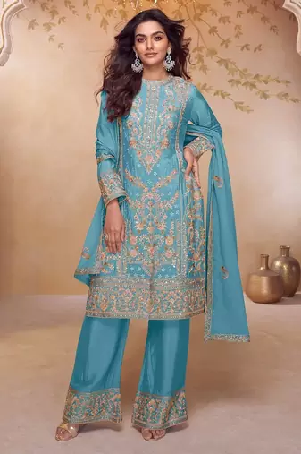 blue chiffon embroidered  sequined & hand work semi stitched suit