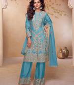 blue chiffon embroidered  sequined & hand work semi stitched suit