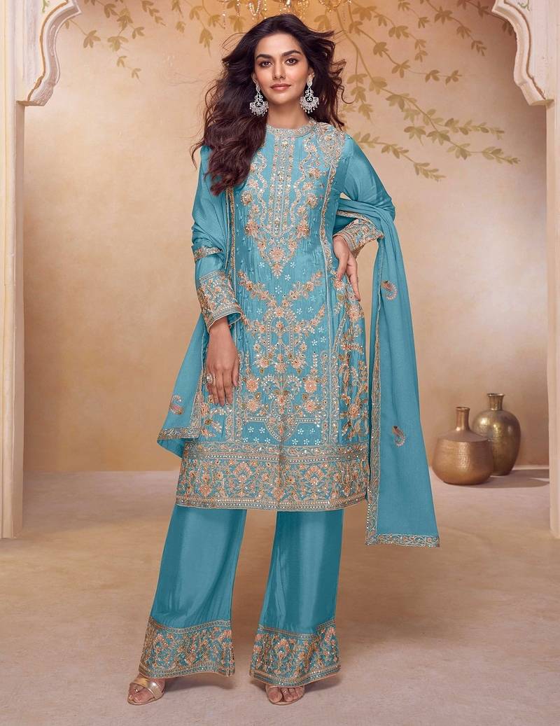blue chiffon embroidered  sequined & hand work semi stitched suit