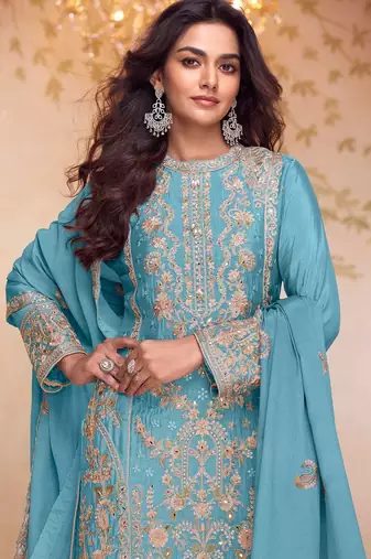 blue chiffon embroidered  sequined & hand work semi stitched suit