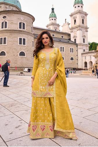 yellow silk blend embroidered  sequined  stone & beads semi stitched suit