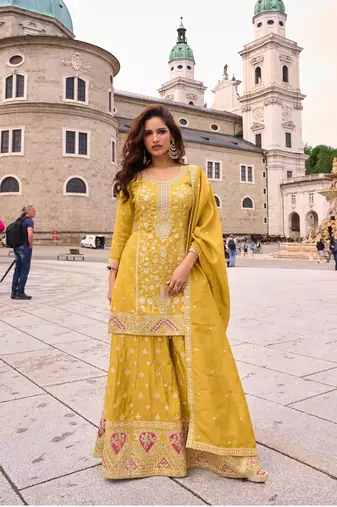 yellow silk blend embroidered  sequined  stone & beads semi stitched suit