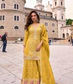 yellow silk blend embroidered  sequined  stone & beads semi stitched suit