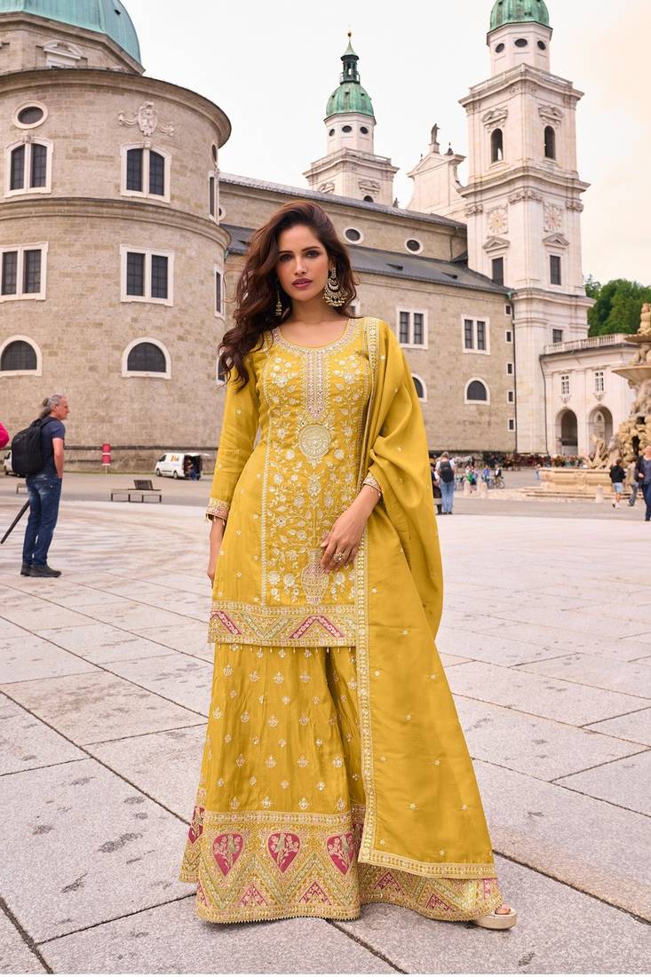 yellow silk blend embroidered  sequined  stone & beads semi stitched suit