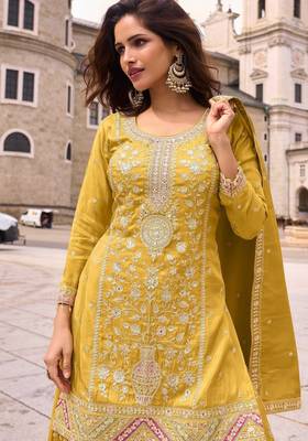 yellow silk blend embroidered  sequined  stone & beads semi stitched suit 2